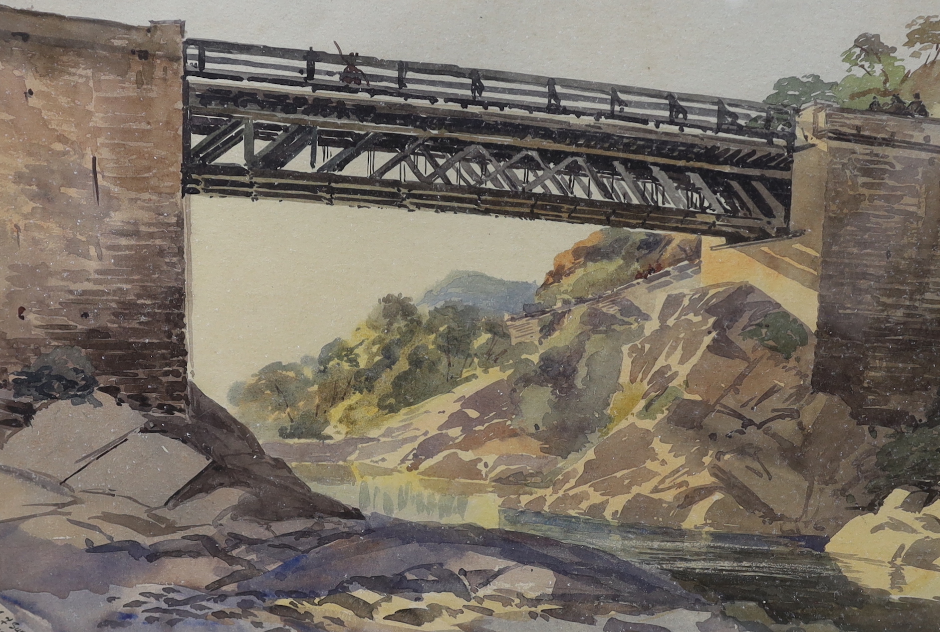 I. J. Sapple, three watercolours, Mountainous landscapes and bridge over water, each signed and dated 1872 and 1881, 27 x 44cm